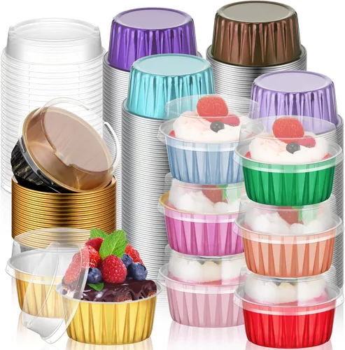Vista 8 de 120 Pcs Moldes de Papel de Aluminio para Hornear Mini Moldes para Pasteles con Tapas 5 oz Forros para Cupcakes Moldes Desechables para Magdalenas