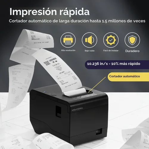 Vista 3 de Impresora de Recibos Térmica Volcora, Impresora POS de 80 mm con Cortador Automático, Interfaz USB/Ethernet para Windows/MAC/Linux, Soporte