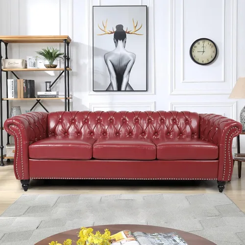 Vista 16 de AVZEAR Sofá Chesterfield de 84 pulgadas, 3 plazas, sofá clásico de cuero PU con brazos enrollados y respaldo con botones capitoné, sofá tipo canapé
