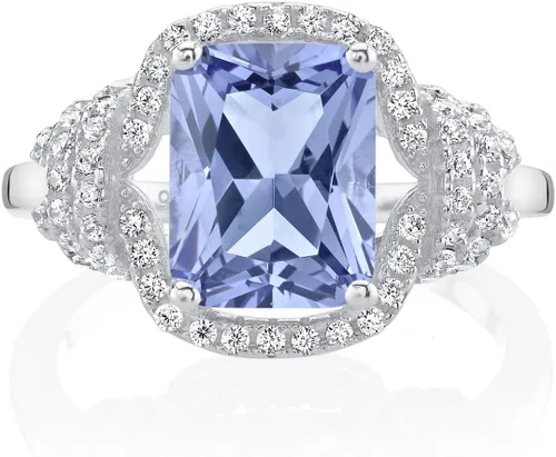 Vista 2 de Peora Anillo de tanzanita simulada para mujer, plata de ley 925, halo de diseñador, corte cojín de 2 quilates de 0.354 x 0.276in, tamaños 5 a 9