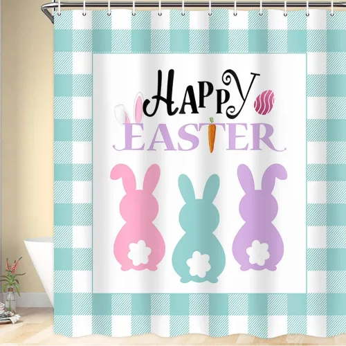 Vista 2 de Boziqr Cortina de ducha de Pascua para baño, lindo conejo, conejo, búfalo, cuadros cuadrados, cortinas de baño, tela verde azulado, accesorios