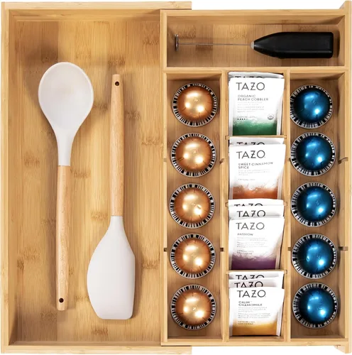 Vista 10 de KitchenEdge Organizador de cajón de cocina para bolsitas de té y cápsulas de café, expandible de 9.7 a 17 pulgadas, 10 compartimentos de Negro Bambú