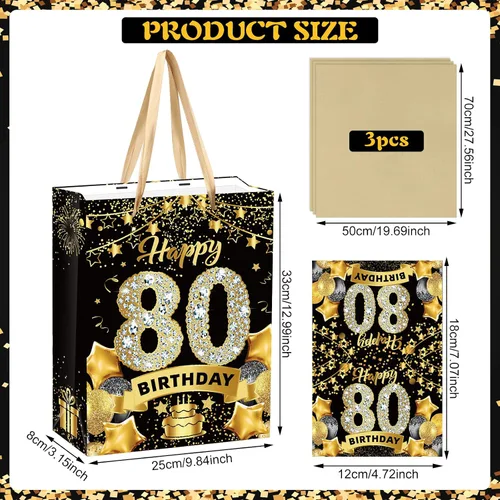 Vista 2 de Black Gold - Bolsa de regalo de cumpleaños número 80, bolsas doradas y negras con papel de seda y tarjeta, bolsas de regalo para hombres, mujeres