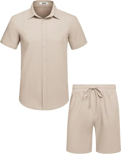 Vista 20 de COOFANDY Conjunto de 2 piezas de algodón y lino para hombre, camisas de manga corta con botones, pantalones cortos de playa de verano, trajes