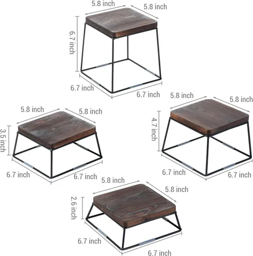 Vista 5 de MyGift Juego de exhibición de mesa de postre, 4 elevadores de alimentos, elevadores de bufé de madera marrón, soporte para pizza con base de alambre