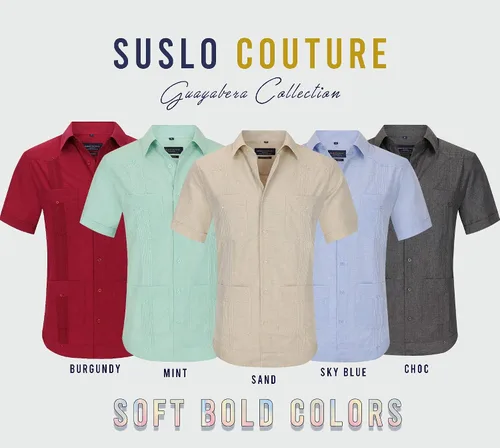 Vista 4 de Suslo Couture Guayabera de manga corta para hombre con botones de lino