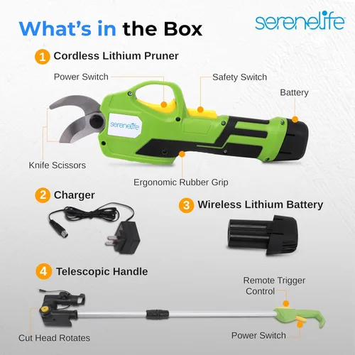 Vista 7 de SereneLife Tijera de podar eléctrica inalámbrica, batería de litio de 7.2 V, mango telescópico, capacidad de corte de 3/4 pulgadas, interruptor