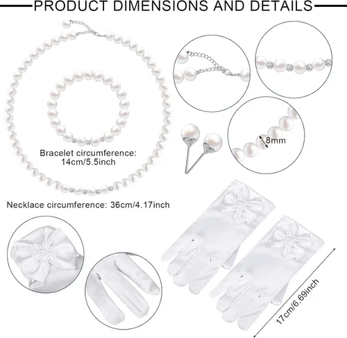 Vista 4 de Junkin 5 Pcs Girls Tea Party Supplies Little Girls Gloves Hats Necklace Bracelet Earring Jewelry for Tea Party Wedding Accessories