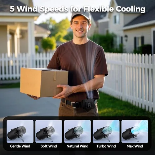 Vista 5 de KOMBELLA Ventilador de cintura portátil con clip en el cinturón, ventilador de camisa mejorado 2025 con batería de 10000 mAh y 5 velocidades, clip