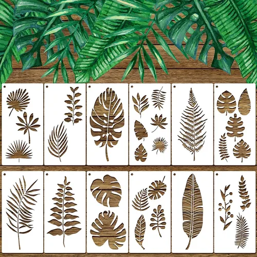 Vista 4 de 12 plantillas de pintura de hojas de helecho tropical, plantillas grandes reutilizables de hoja de tortuga de palma, plantillas de pared flexibles