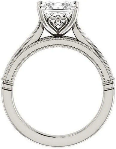 Vista 5 de Juego de novia con soltario de catedral con detalle de voluta, talla princesa 3.05 quilates, diamante moissanita incoloro, anillo de plata de ley