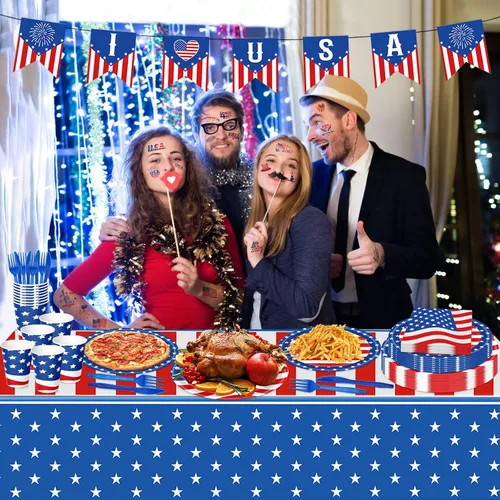 Vista 2 de 108 piezas de suministros para fiesta del 4 de julio, juego de vajilla con la bandera estadounidense, decoraciones patrióticas para fiestas