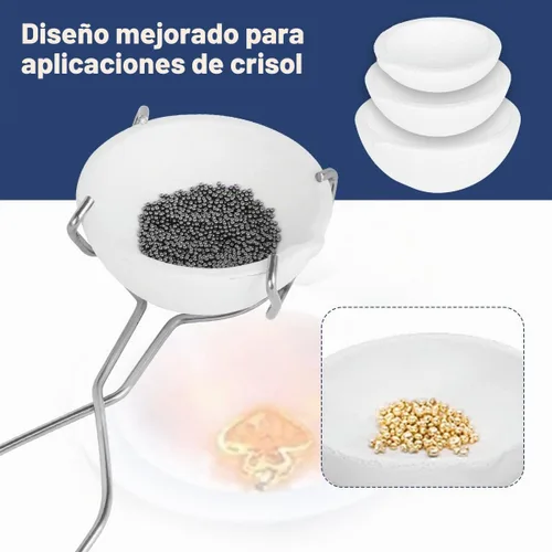 Vista 3 de Juego de 4 tazones de cerámica fundidos pequeños con diseño de crisol de cerámica fundida, oro y plata con pinzas para látigo, mango 2A