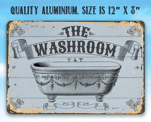 Vista 5 de Letrero de metal – The Washroom – Letrero de metal duradero – Uso en interiores y exteriores – Gran decoración de baño y regalo de menos de $20