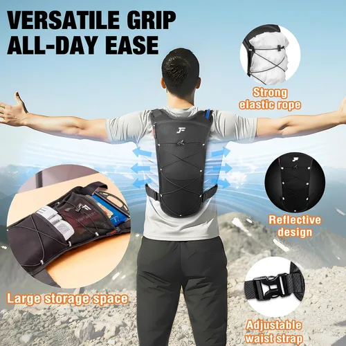 Vista 6 de JXFUKAL Chaleco para Correr, Mochila de Hidratación Ligera con Vejiga de Agua de 2L, Paquete de Hidratación Reflectante, Bolsa Táctica para el Pecho