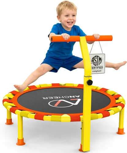 Vista 10 de ANCHEER Trampolín infantil de 38 pulgadas, mini trampolín de capacidad de 150 libras para niños de 1 a 6 años, mango ajustable, plegable y fácil