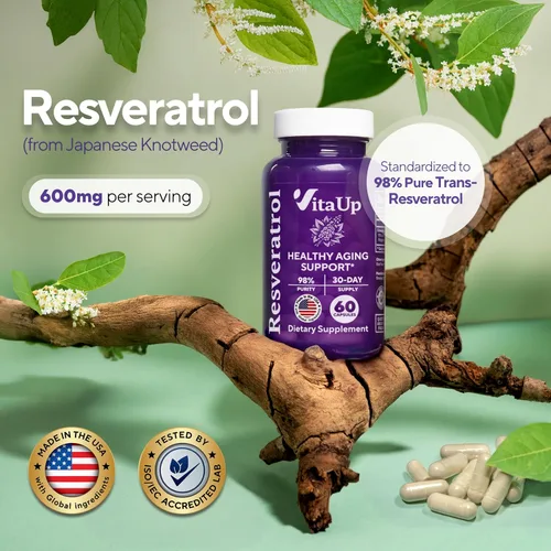 Vista 2 de VitaUp Suplemento de trans-resveratrol – 98% pureza en cápsulas de resveratrol fabricadas en Estados Unidos 600 mg – estandarizado al 98%