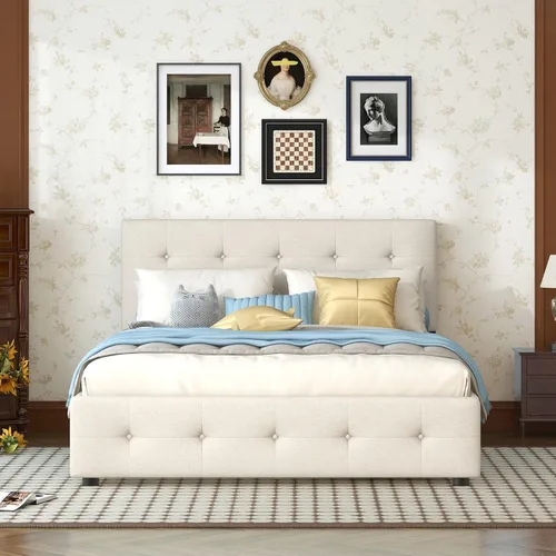 Vista 3 de Bellemave Base de cama Queen con nido y 2 cajones de almacenamiento, cama de plataforma tapizada de lino con cabecera capitoné, camas tamaño Queen