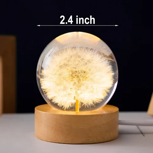 Vista 3 de Luz nocturna de bola de cristal de flores, lámpara de noche de bola de vidrio de 2.4 pulgadas con base de madera (diente de león)