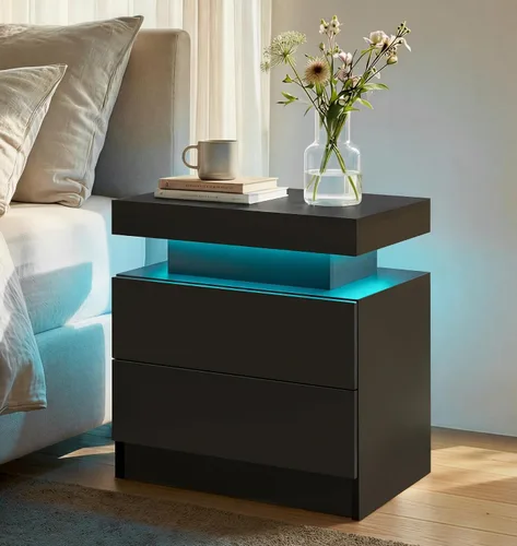 Vista 15 de Generic Juego de 2 Mesitas de noche con 2 cajones, mesa de noche con cajones para muebles de dormitorio, mesa auxiliar con luz LED, color negro