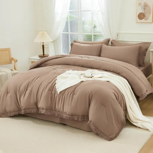 Vista 25 de Andency Juego de ropa de cama con edredón tamaño matrimonial beige con sábanas - 7 piezas, estilo bohemio con borlas, ropa de cama ligera en una 01