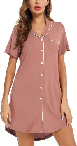 Vista 49 de Samring Camisón de pijama para mujer, manga corta/larga, con botones, camisón para dormir, camisón para novio, talla XXL