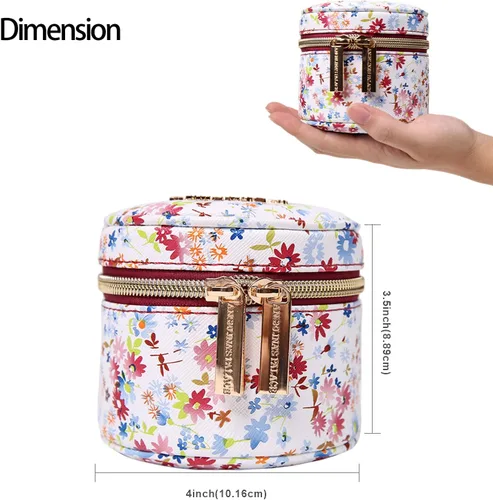 Vista 3 de Angelina's Palace Estuche organizador de joyas redondo, bolsa de viaje, regalos de dama de honor, caja de cuero vegano para collar, aretes, pulsera