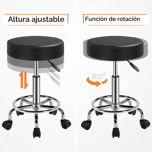 Vista 7 de Yaheetech Silla de spa ajustable con ruedas, taburete redondo pequeño, silla de tatuaje, color negro