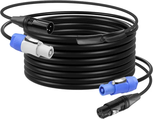 Vista 10 de CERRXIAN Cable de extensión PowerCon y DMX de 3.2 pies, alimentación de CA de 13 AWG, DMX 3 pines, cables combinados de señal XLR para iluminación