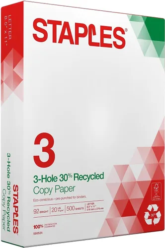 Vista 4 de Staples Papel de copia perforado reciclado de 3 agujeros, 20 libras, blanco
