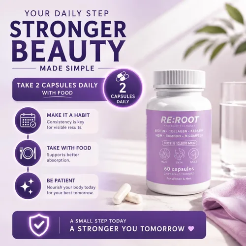 Vista 2 de RE:ROOT Cápsulas de belleza capilar – Biotina 12,000 mcg, colágeno, queratina, MSM, bambú – para cabello, piel y uñas – 60 cápsulas veganas