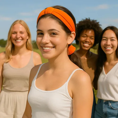 Vista 7 de Juego de diadema y coletero naranja – Accesorios para el cabello a juego para mujeres y niñas