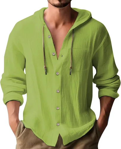 Vista 12 de Camisas de lino para hombre, casual, con botones, de verano, algodón, lino, con capucha, para playa, manga larga, con capucha