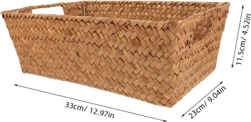 Vista 7 de Angoily Cesta de almacenamiento tejida a mano de hierba marina, organizador rectangular para escritorio, cesta portátil de hierba marina, asa
