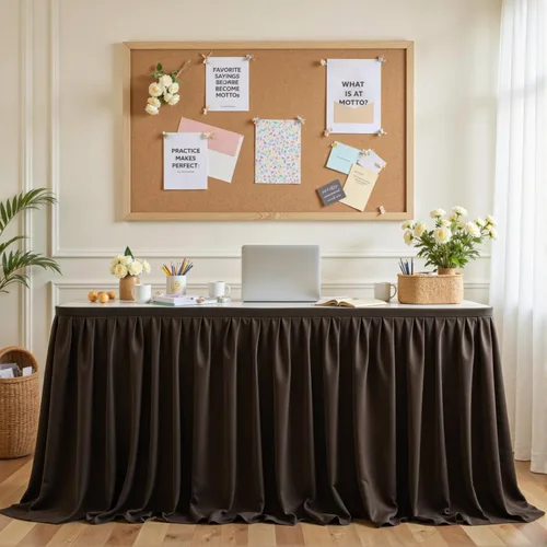 Vista 11 de Falda de mesa beige para mesas rectangulares, falda de escritorio de 6 pies para el escritorio del profesor, aula, volantes, tela de poliéster