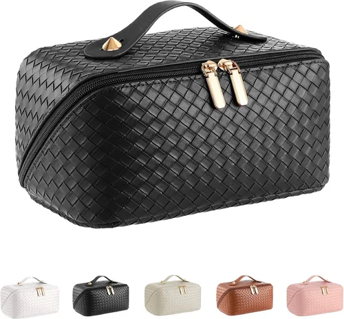 Vista 14 de Bolsa de cosméticos de viaje de gran capacidad - Bolsas de maquillaje portátiles para mujeres, impermeable, de cuero PU a cuadros, con organizador