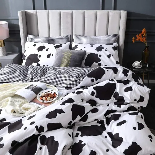 Vista 3 de Juego de ropa de cama de dibujos animados para niños, funda de edredón con estampado de vaca, funda de edredón negra y blanca, funda de edredón