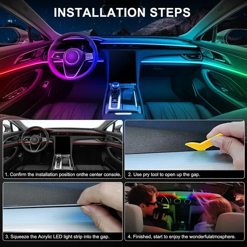 Vista 6 de Tira de luz LED acrílica para interior de automóvil con aplicación inalámbrica, kits de iluminación ambiental RGB Dreamcolor 5 en 1, 16 millones