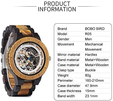 Vista 7 de BOBO BIRD Reloj mecánico automático de madera para hombre, personalizable, reloj de pulsera de madera de lujo para hombre