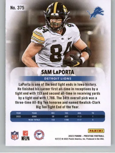 Vista 2 de 2023 Prestige Football #375 Sam LaPorta RC Rookie Detroit Lions Official Panini NFL Trading Card (Stock Photo Shown, Near Mint to Mint Condition)