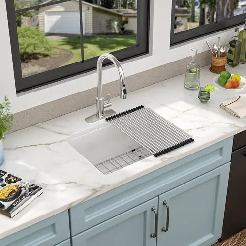 Vista 2 de Fregadero de barra blanco de 24"x18" para montaje bajo encimera - Arcilla refractaria de porcelana cerámica de alto brillo, montaje dual, un seno