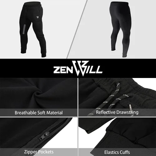 Vista 6 de ZENWILL Pantalones de entrenamiento cónicos para hombre, pantalones deportivos de entrenamiento ajustados con bolsillos con cremallera