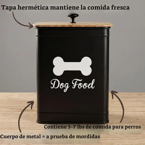 Vista 2 de Contenedor de comida de metal para perros de 5 a 7 libras, 25 tazas con tapa de bambú hermética, mango de metal Negro: Hueso