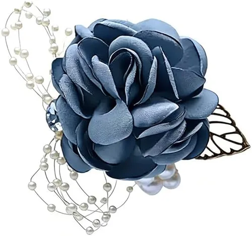 Vista 4 de Ramillete de muñeca para dama de honor para niña, flor de muñeca de seda nupcial con cuentas de perlas de imitación, pulsera elástica de hoja de oro