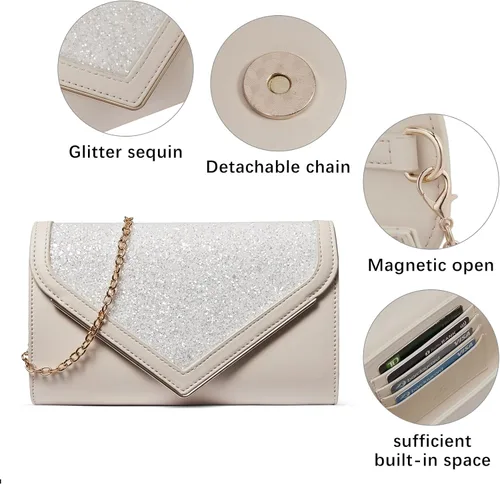 Vista 6 de Bolso de mano para mujer, bolso de mano con cadena desmontable para bodas y fiestas
