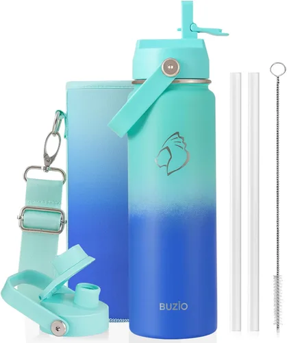 Vista 81 de BUZIO Botella de agua aislada de 24 oz, frasco de agua de boca ancha de acero inoxidable con tapa de pajita, frío durante 48 horas a prueba de Negro