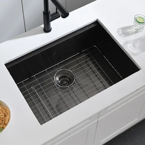 Vista 9 de Fregadero de cocina de montaje inferior negro 27 x 19 x 10 pulgadas, fregadero de acero inoxidable negro calibre 16, estación de trabajo debajo