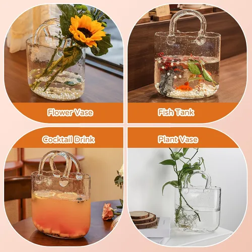 Vista 5 de Jarrón de cristal con asa – Jarrón de vidrio transparente hecho a mano de 10 pulgadas, centro de mesa multifuncional para flores, pecera