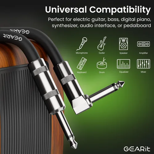 Vista 3 de GEARit Cable de instrumento de audio (10 pies) en ángulo recto a recto de 1/4 de pulgada macho a macho para cable AMP, base y guitarra eléctrica