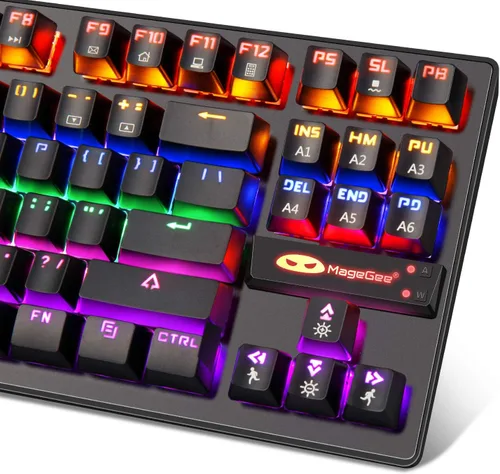 Vista 3 de MageGee Teclado mecánico para juegos de 87 teclas con retroiluminación LED RGB, teclado de computadora USB con cable con interruptores azules, 100%